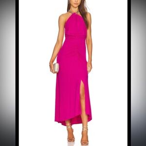 Veronica Beard women’s Reze Hot Pink Ruched Gold Chain Halter Maxi Dress